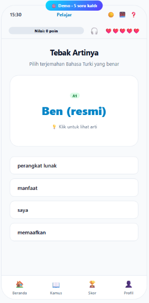 Layar kartu kata BasaQuest, aplikasi asli, layar penuh