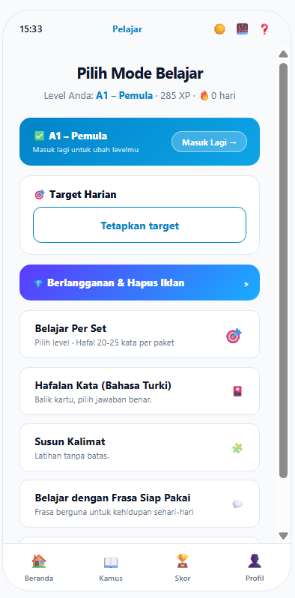 Menu utama BasaQuest, tangkapan layar aplikasi asli, layar penuh