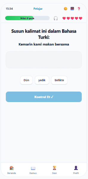 Permainan menyusun kalimat BasaQuest, kumpulan kata, aplikasi asli, layar penuh