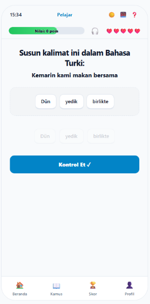 Permainan menyusun kalimat BasaQuest, tangkapan layar aplikasi asli, layar penuh