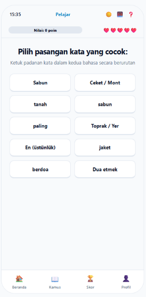Permainan mencocokkan kata BasaQuest, tangkapan layar aplikasi asli, layar penuh