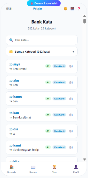 Layar Bank Kata BasaQuest, lebih dari 1000 kata, aplikasi asli, layar penuh
