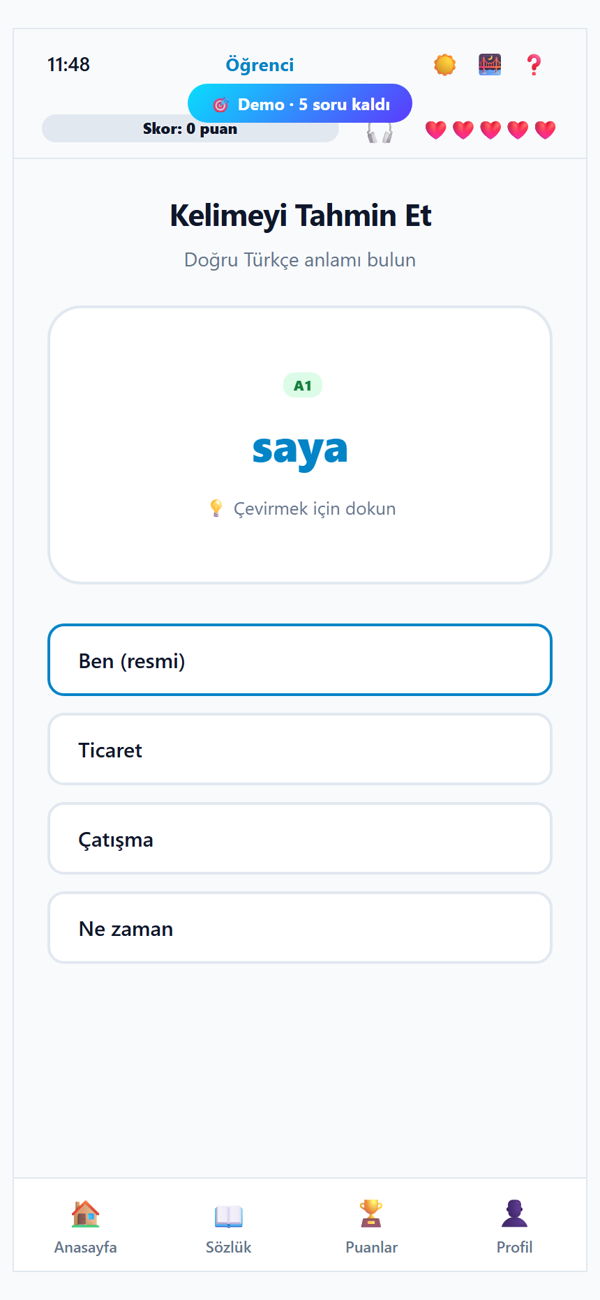 BasaQuest kelime kartı ekranı, gerçek uygulama, tam ekran