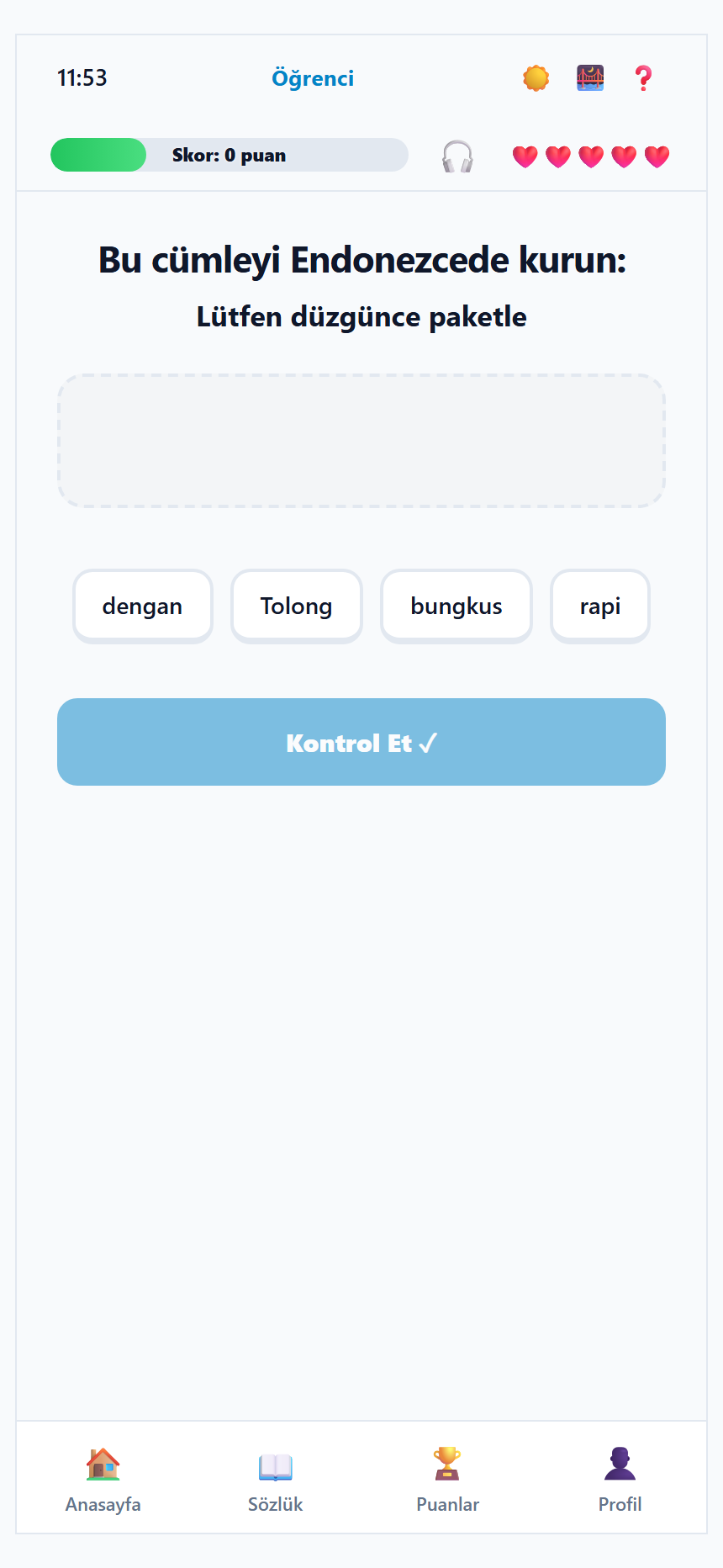BasaQuest cümle kurma oyunu, kelime havuzu, gerçek uygulama, tam ekran