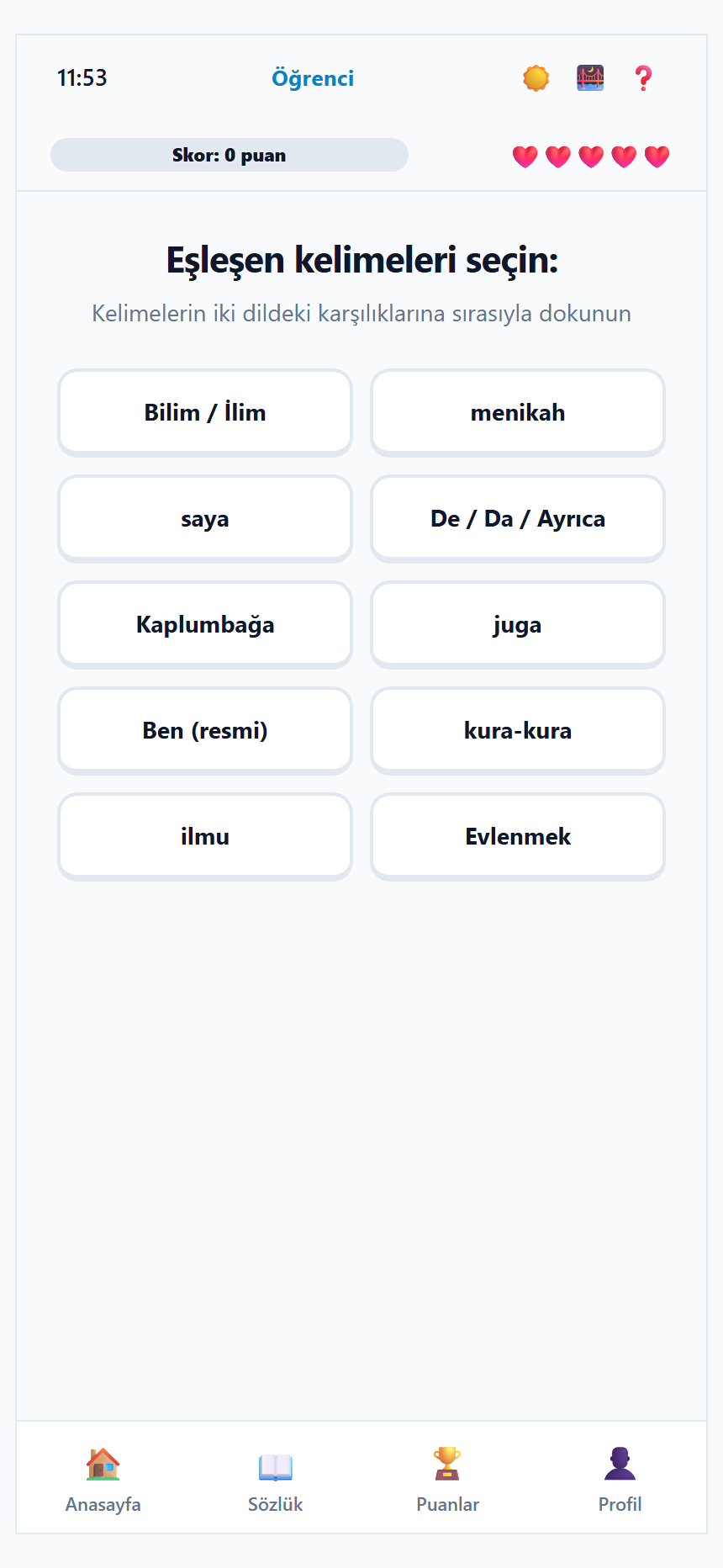 BasaQuest kelime eşleştirme oyunu, gerçek uygulama ekran görüntüsü, tam ekran